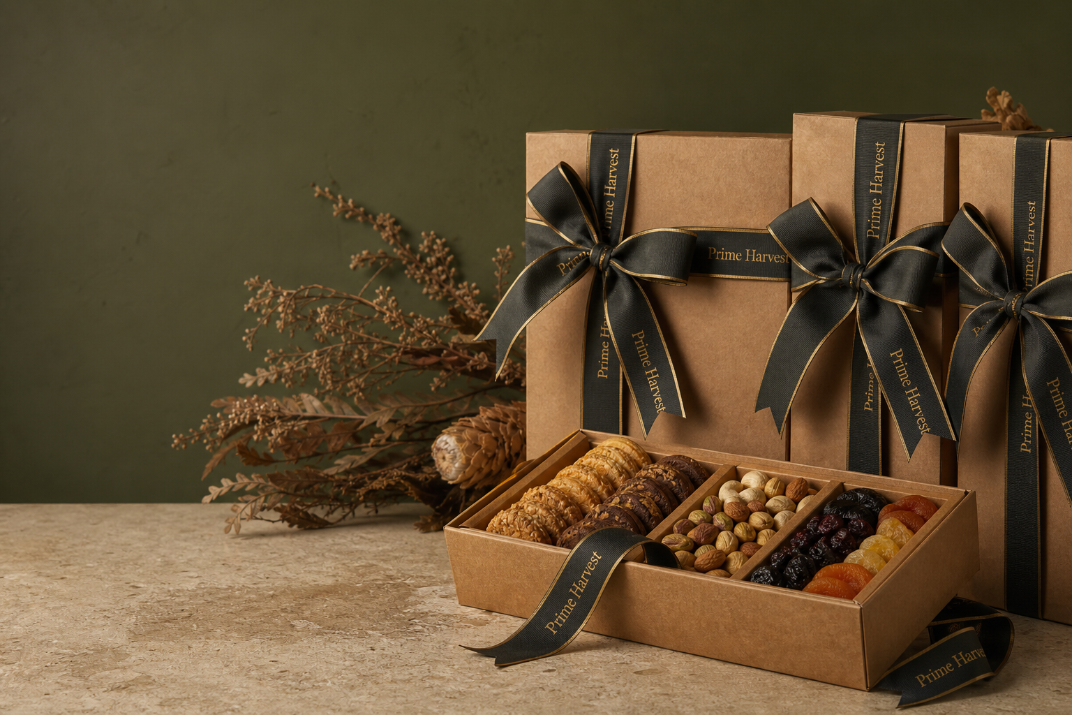 Prime Harvest gourmet gift boxes with biscuits, nuts and dried fruit