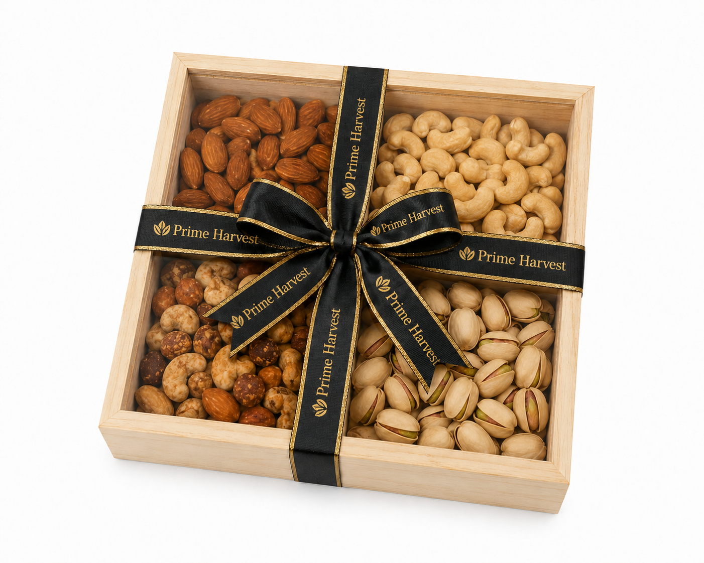 Prime Harvest nut gift box tied with branded ribbon